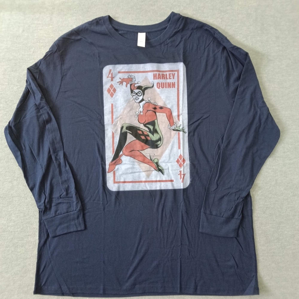 DC Comics Harley Quinn Playing Card Navy Long Sleeve Graphic Tee 3XLT